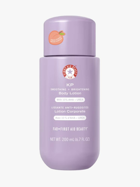 First Aid Beauty KP Bump Eraser Body Lotion in branded component on a light gray background