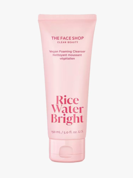 The Face Shop Rice Water Bright Foaming Cleanser in branded tube component on a light gray background