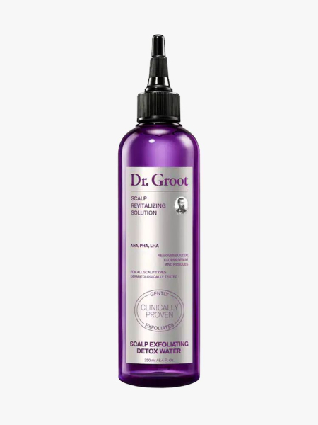 Dr. Groot Scalp Exfoliating Detox Water in branded component on a light gray background